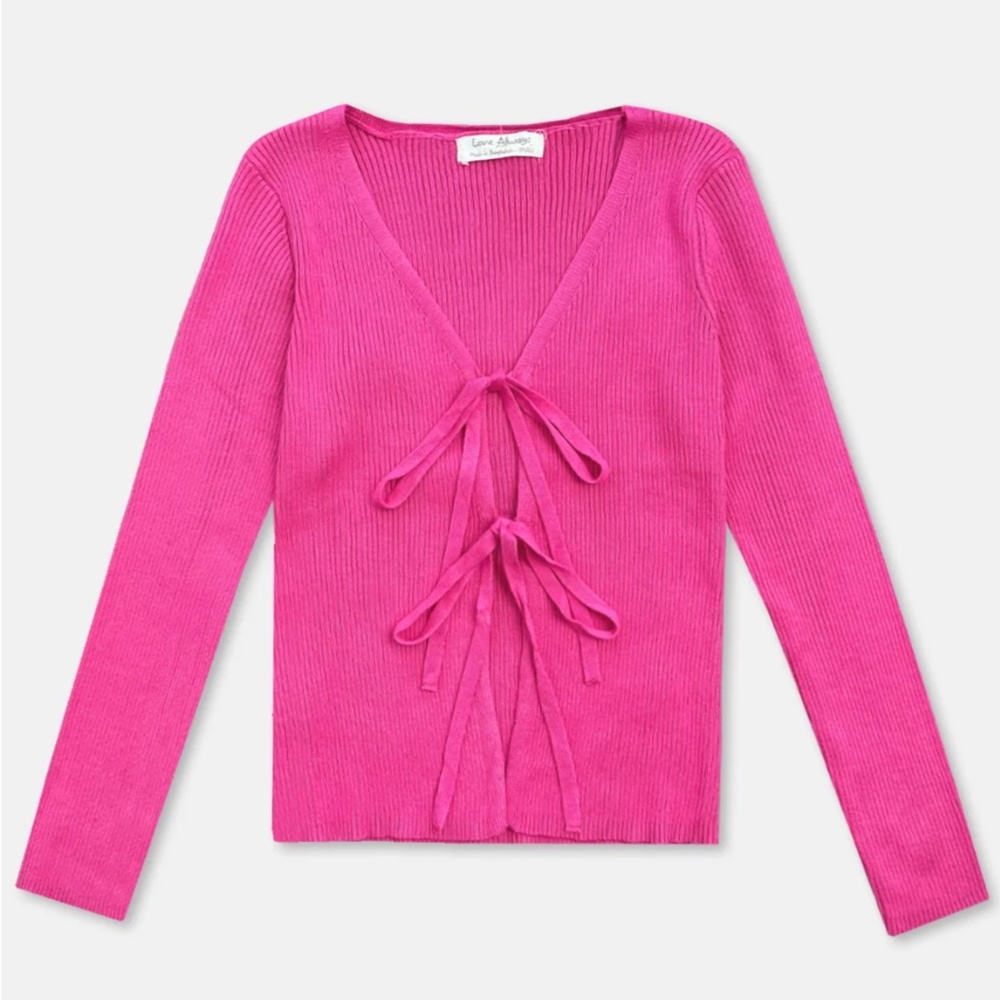 Hot Pink Long Sleeve Bow Tie Front Top